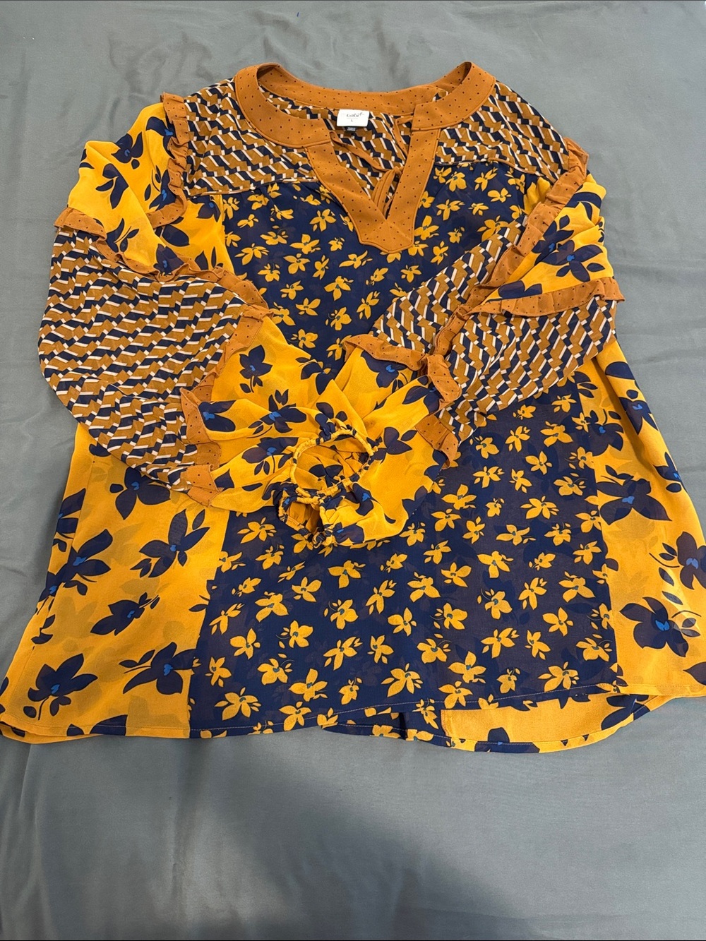 CAbi Mustard and Navy Mixed-Print Ruffle Blouse